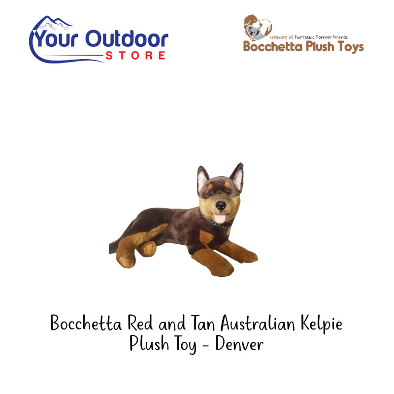 Bocchetta Red and Tan Australian Kelpie Plush Toy - Denver. Hero Image Showing Logos and Title.