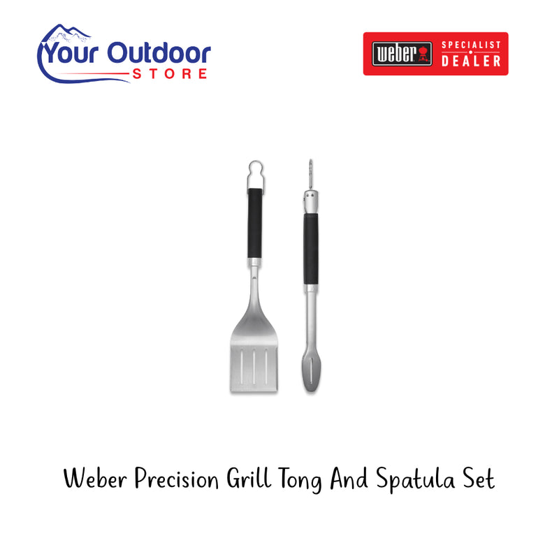 Weber Precision Grill Tong And Spatula Set. Hero image with title and logos.
