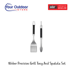 Weber Precision Grill Tong And Spatula Set. Hero image with title and logos.