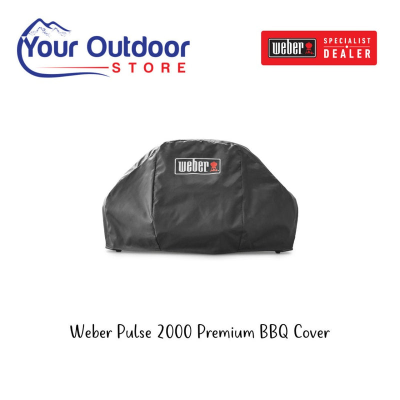 Black | Weber Pulse 2000 Premium BBQ Cover. Hero image with title and logos