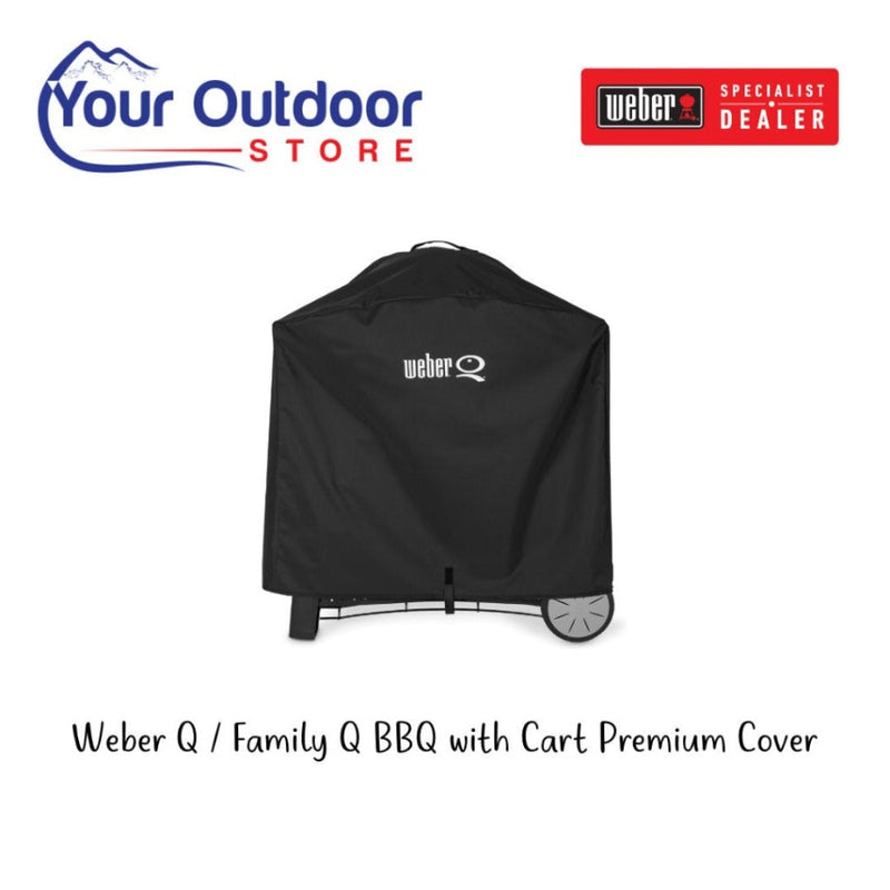 Weber Q/ Family Q Premium Barbecue Cover. Hero image with title and logos