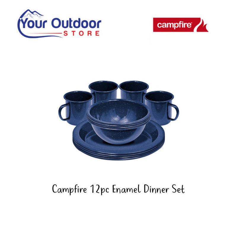 Campfire 12pc Enamel Dinner Set. Hero image with title and logos