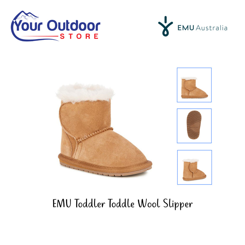 Emu Toddle Toddler slipper. Hero image with title and logos