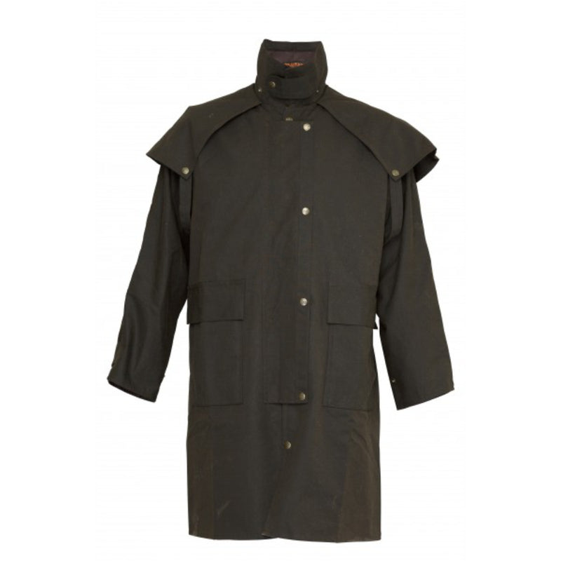 Brown | Burke & Wills Balranald 3 Quarter Length Coat. Brown. Front Oilskin View with Buttons Closed. Your Outdoor Store