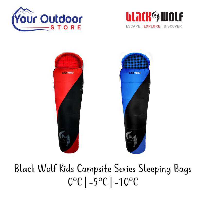 Black Wolf Campsite Kids Series Sleeping Bag. Hero image with title and logos