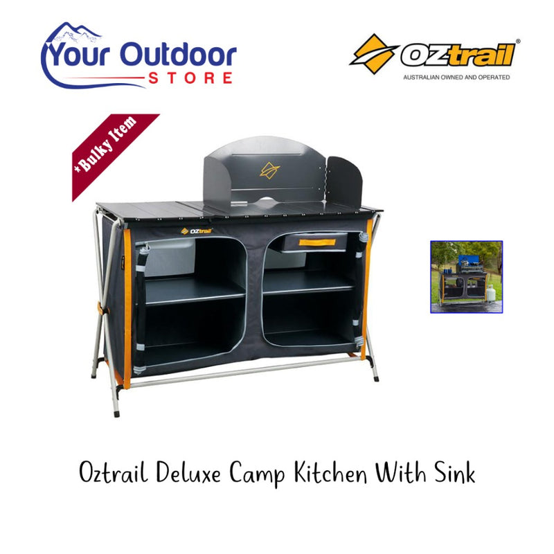 Oztrail Deluxe Camp Kitchen with Sink. Hero with Logos and title