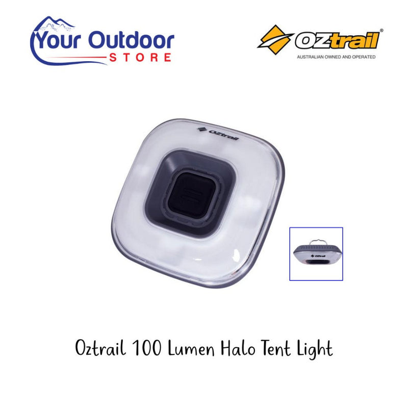 Oztrail 100 Lumen Halo Tent Light. Hero image with title and logos