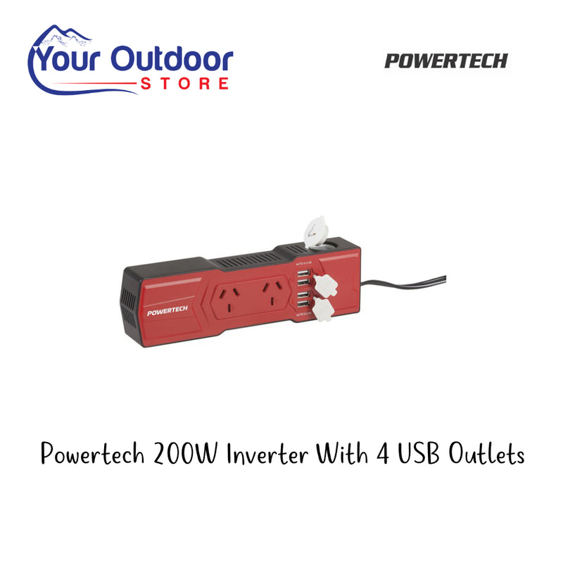 Powertech 200W Inverter with 4 USB Outlets. Hero image with title and logos