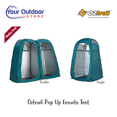 Oztrail Pop up ensuite tent. Hero image with title and logos