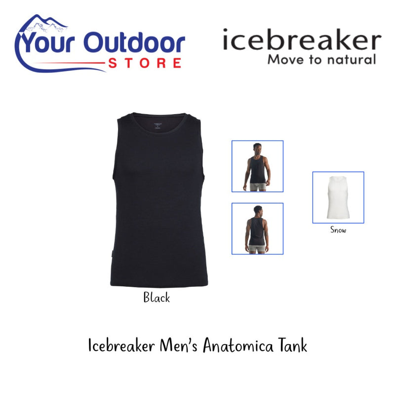 Black | Icebreaker Men's Anatomica Tank. Hero Image Showing Logos and Title. 