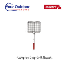 Campfire Deep Grill Basket. hero Image Showing Logos and Title. 