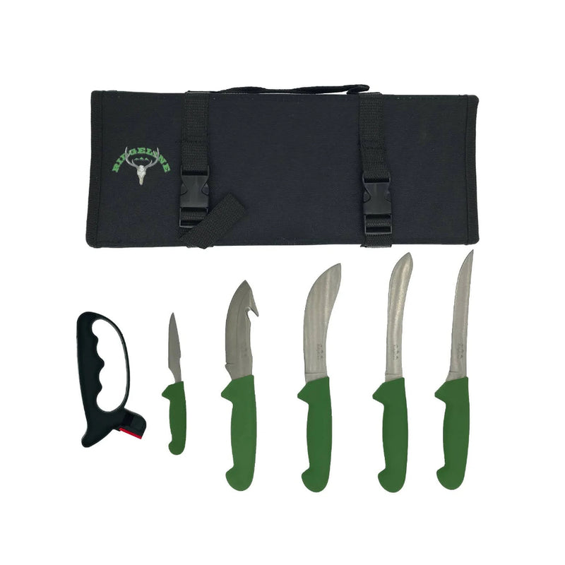 Ridgeline 5 Piece Knife Roll Showing Knives, Roll and Sharpener. 