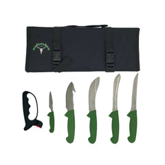 Ridgeline 5 Piece Knife Roll Showing Knives, Roll and Sharpener. 