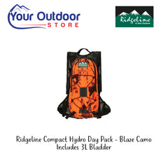 Ridgeline Compact Hydro Day Pack in Blaze Camo. Includes 3L Bladder. Hero Image Showing Logos and Title.