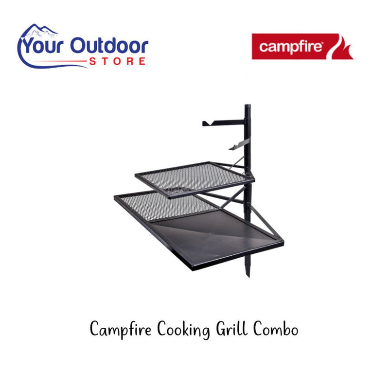Campfire Cooking Grill Combo. Hero image with title and logos