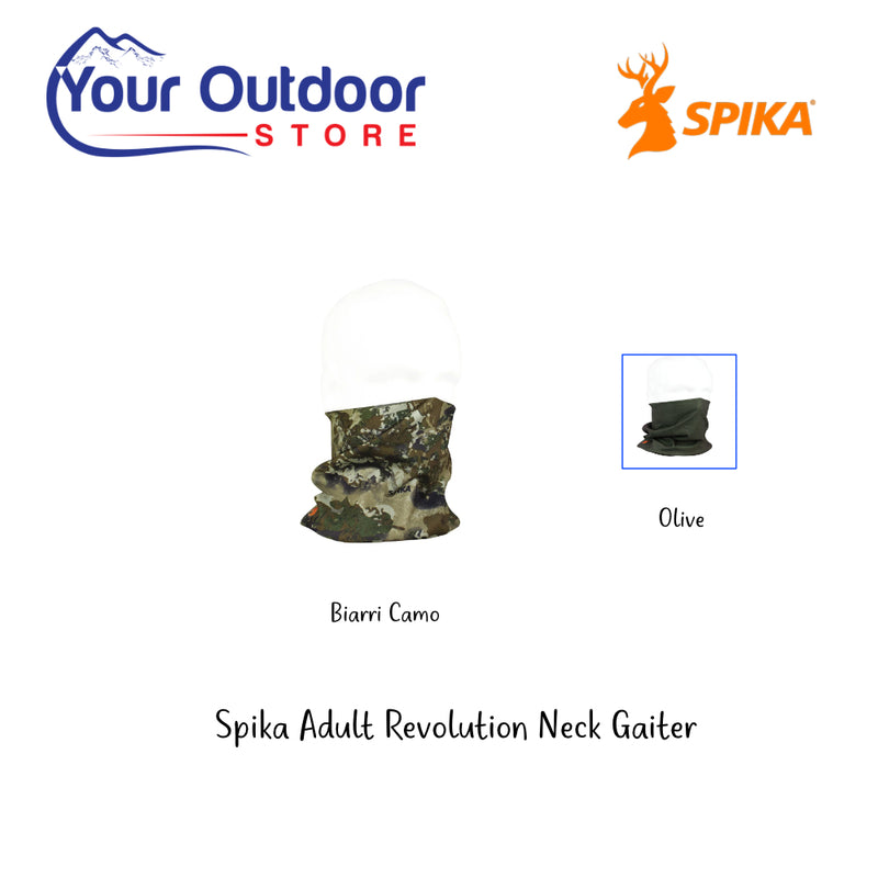 Spika Adult Revolution Neck Gaiter. Hero Image Showing Logos and Title. Biarri Camo in Main Image, Olive in Smaller Image. 