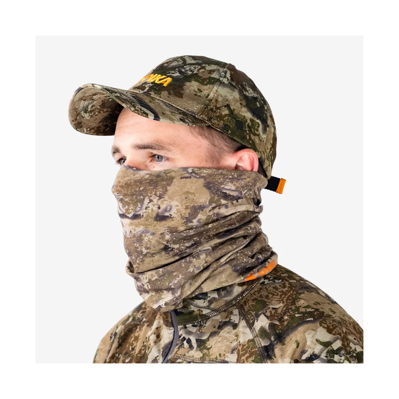 Biarri Camo | Spika Adult Revolution Neck Gaiter Pulled Up Over Nose and Ears - Side View.