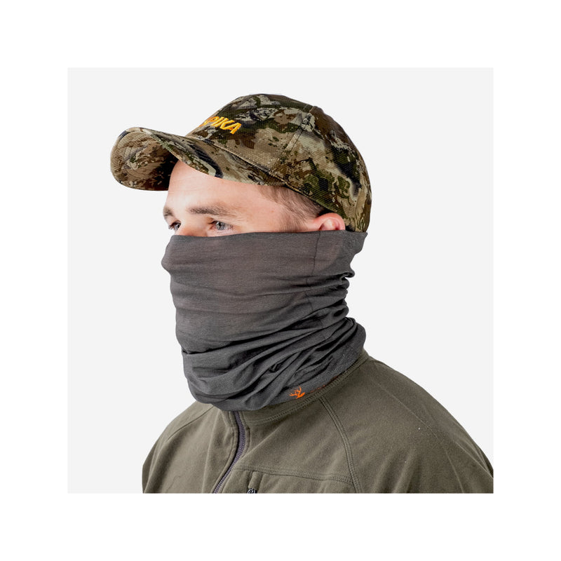 Olive | Spika Adult Revolution Neck Gaiter Pulled Up Over Nose and Ears - Side View.