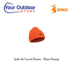 Spika Go Casual Beanie in Blaze Orange. Hero Image Showing Logos and Title. 