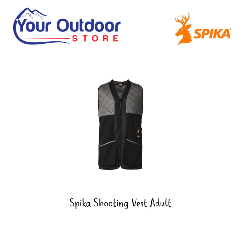 Spika Shooting Vest - Adult. Hero Image Showing Logos and Title. 