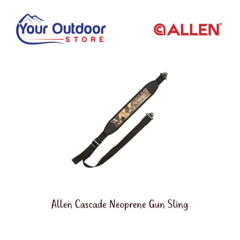 Allen Cascade Neoprene Gun Sling. Hero image with title and logos