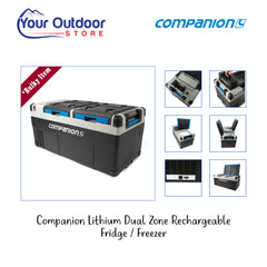 Companion Lithium 75L Dual Zone Rechargeable Fridge/Freezer. Hero image with title and logos.