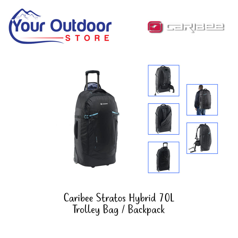 Black | Caribee Stratos Hybrid 70 Litre Pack. Hero image with inserts and logos