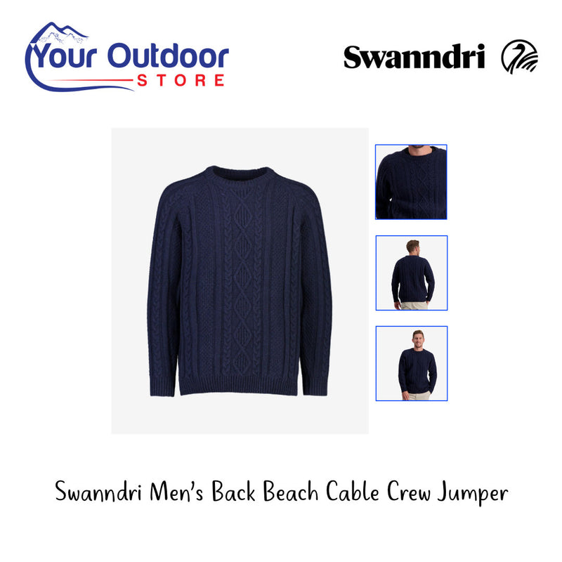 Swanndri Mens Back Beach Cable Crew Jumper. Hero image with title and logos
