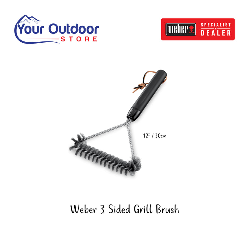 Weber 3 Sided Grill Brush. Hero image with title and logos.