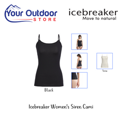Black | Icebreaker Womens Siren Cami- Hero Image Showing Logos, Title and Angled Small Angled Images. 