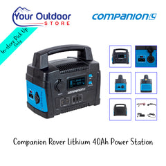 Companion Rover Lithium 40AH Power Station. Hero image with title and logos.