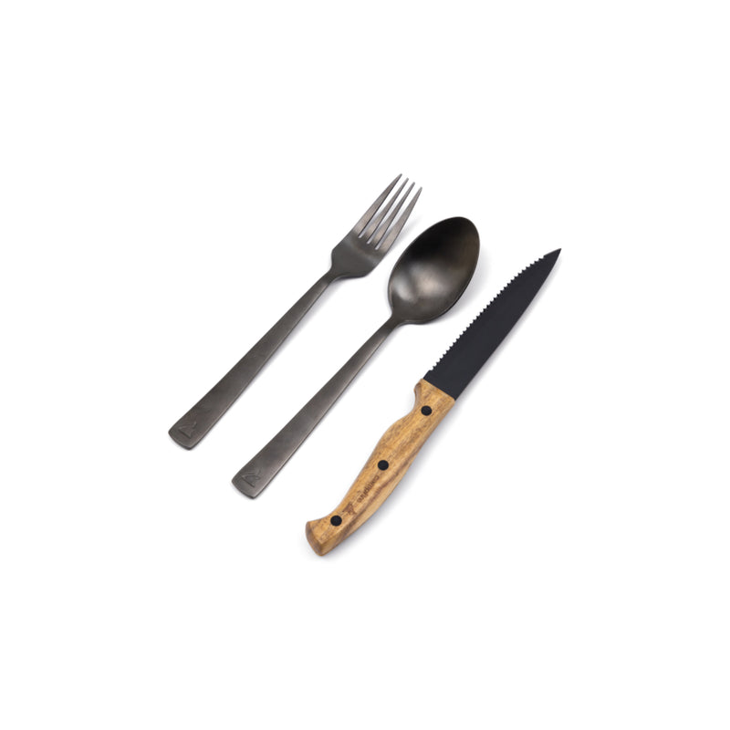 Black | Campfire 12 Piece Premium Cutlery Set Image Showing 1 Fork, 1 Spoon And 1 Steak Knife.