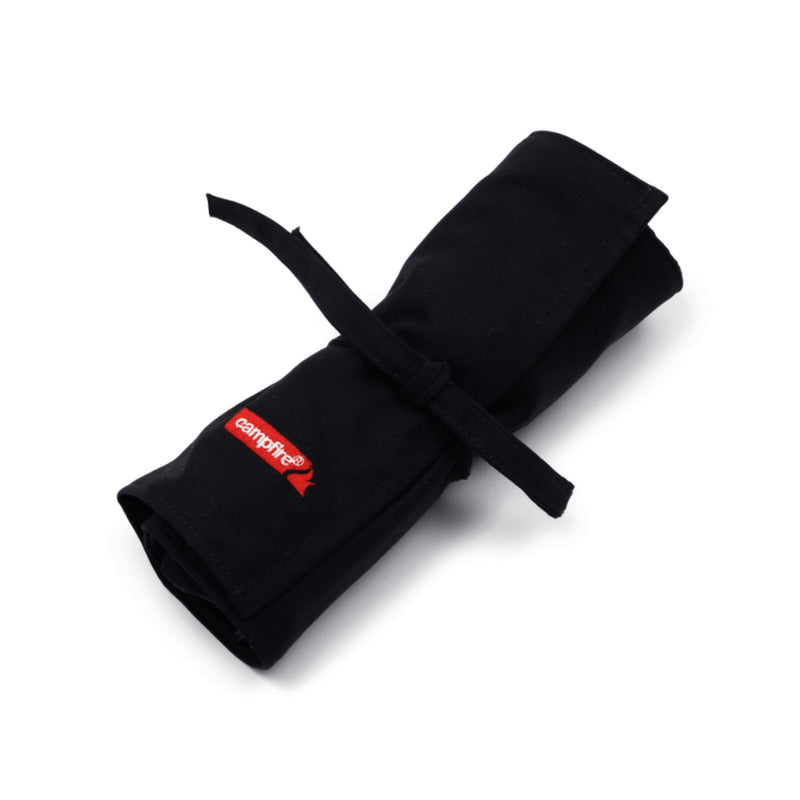 Black | Campfire 12 Piece Premium Cutlery Set Image Showing Roll Pouch Rolled Up For Transport And Storage.