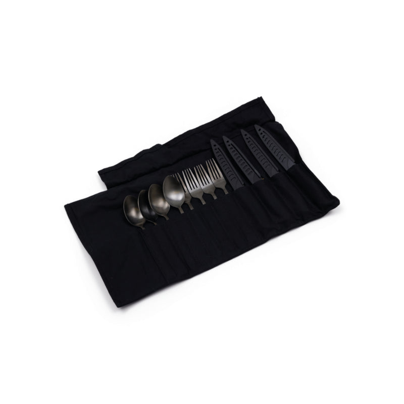 Black | Campfire 12 Piece Premium Cutlery Set Image Showing Full Set Laid Out In The Roll Pouch.