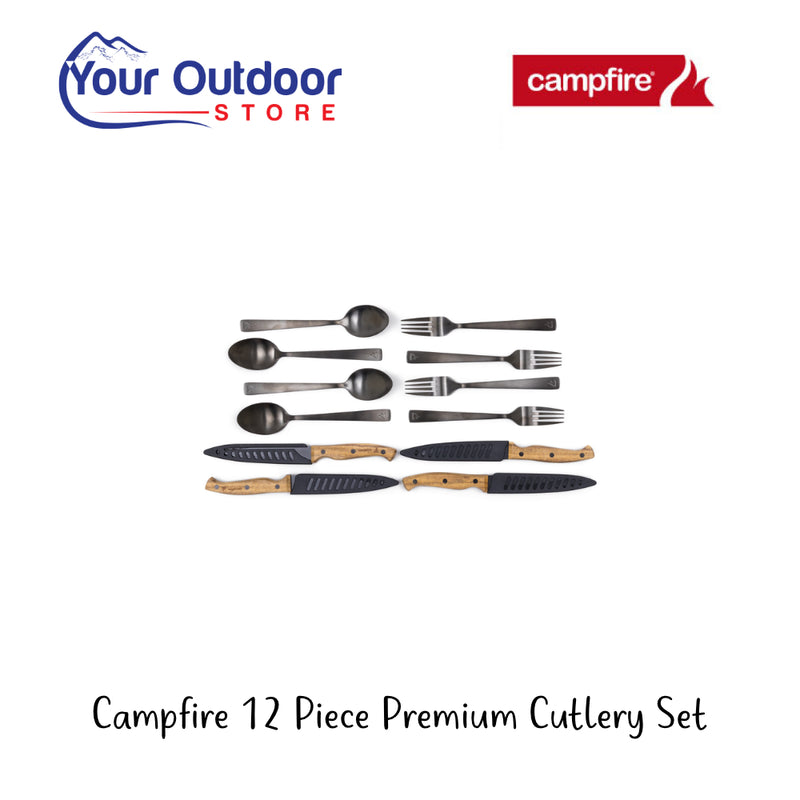 Campfire 12 Piece Premium Cutlery Set | Hero Image Showing All Logos And Titles.