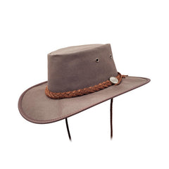 Brown | Oilskin hat side front view showing the plaited hatband, badge and chin strap.