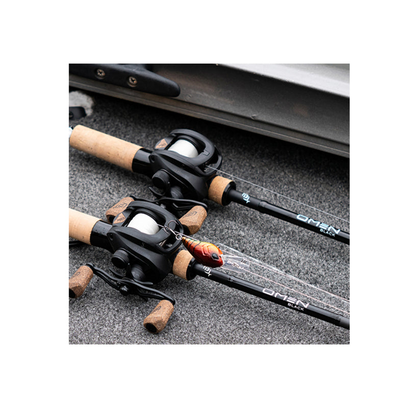 Black | 13 Fishing Omen Back 7'1 Casting Rod Image Showing Close Up Of Rod With Reel Attached.