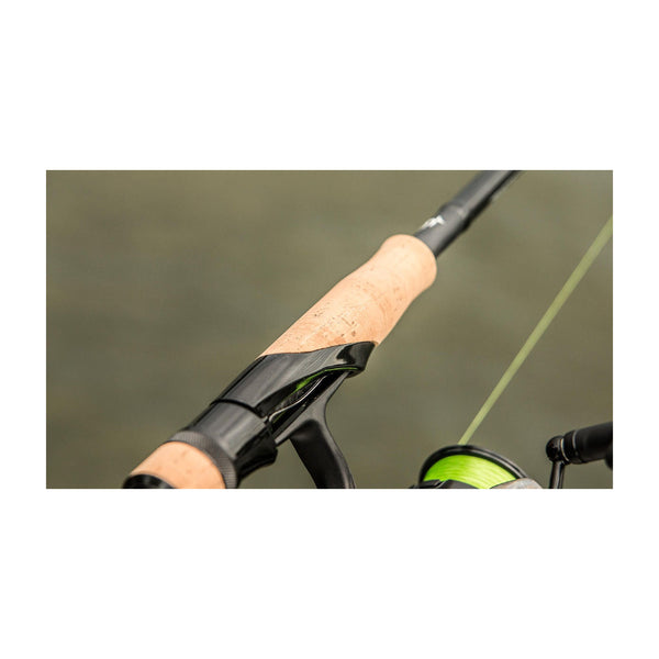 Black | 13 Fishing Omen Back 6'6 Spin Rod Image Showing View Of Grip, With Reel And Line Attached( Sold Separately)