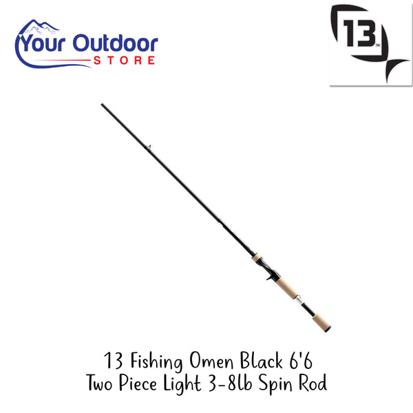 13 Fishing Omen Black 6'6 Spin Rod | Hero Image Showing All Logos And Titles.