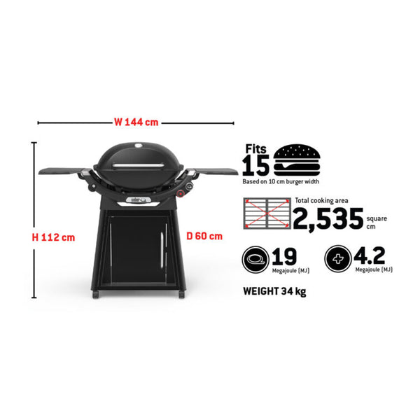 Charcoal Grey | Weber Family Q (Q3200N+) Premium Model. Specs Photo. 