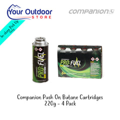 Companion Push On Butane Cartridges 4Pack | Hero Image Showing All Logos And Titles.