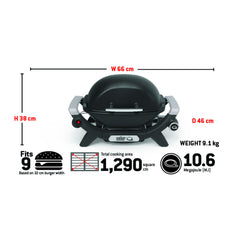 Midnight Black | Weber Baby Q (Q1000N) Gas Barbecue. Specs Photo.