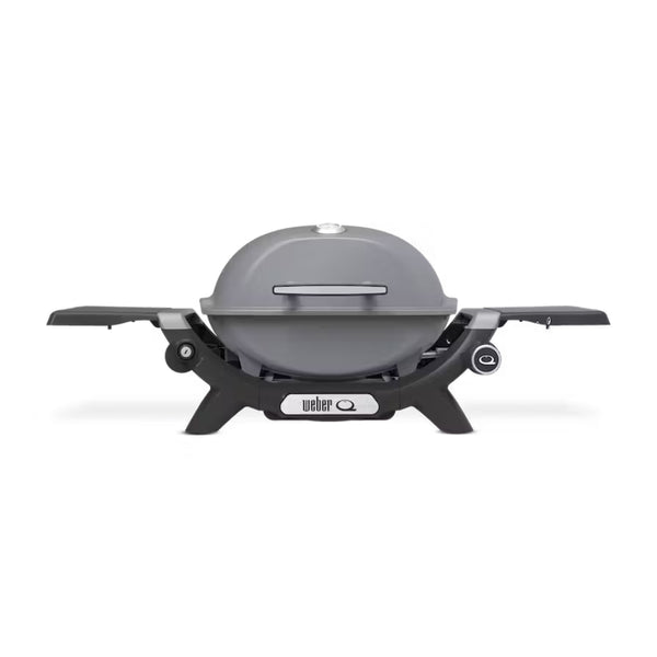 Smoke Grey | Weber Baby Q (1200N) Premium Barbecue. Front View, Side Tables Out - Lid Closed. 