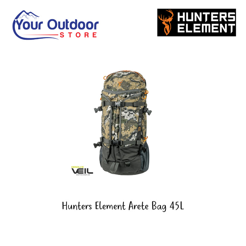 Desolve Veil Camo | Hunters Element Arete Bag 45L. Hero Image Showing Logos and Title. 