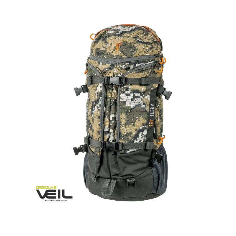 Desolve Veil Camo | Hunters Element Arete Bag 45L. Front View.