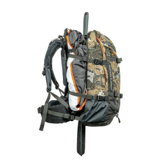 Desolve Veil Camo | Hunters Element Arete Bag 45L. Side View Showing Fully Packed with Rifle.. 