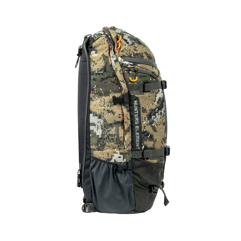 Desolve Veil Camo | Hunters Element Arete Bag 45L. Side View Showing Clips for Arete Frame.