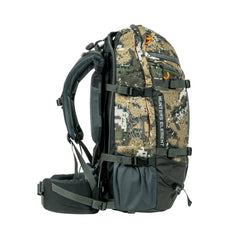 Desolve Veil Camo | Hunters Element Arete Bag 45L. Side View Showing attached to Arete Frame.