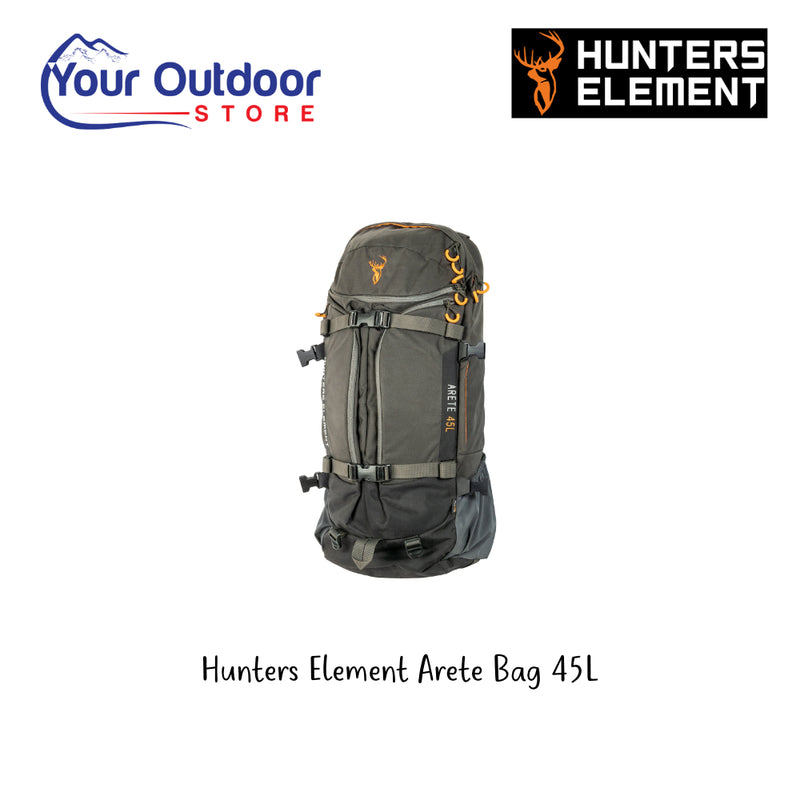 Hunters Element Arete Bag 45L. Hero Image Showing Logos and Title. 
