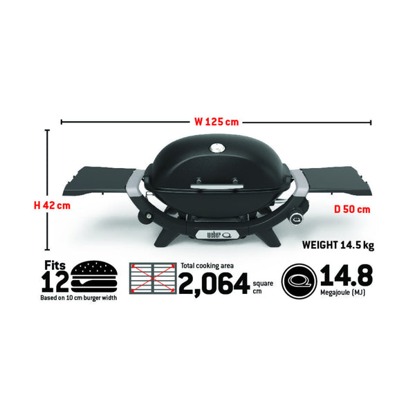 Midnight Black | Weber Q (Q2200N) Premium BBQ. Front View - Specs.
